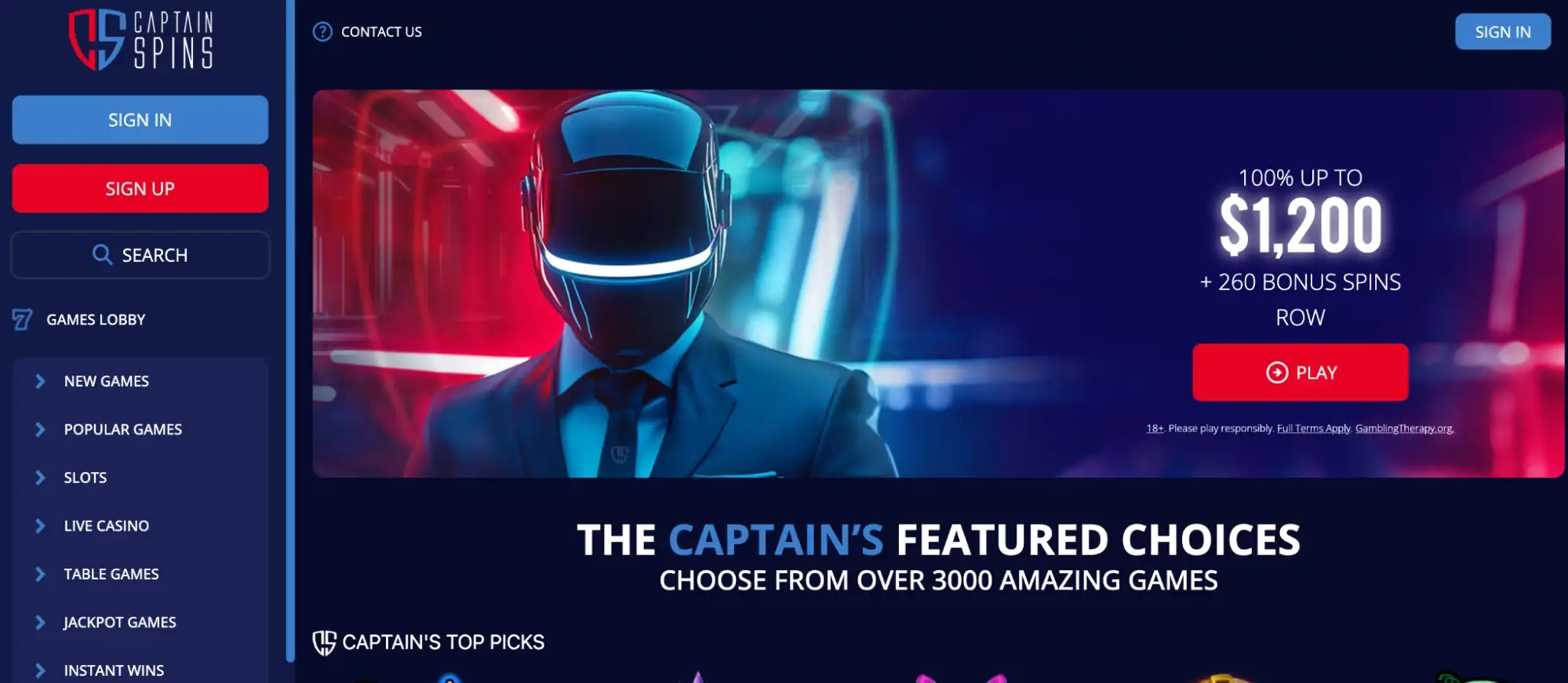 page principale de captain spins