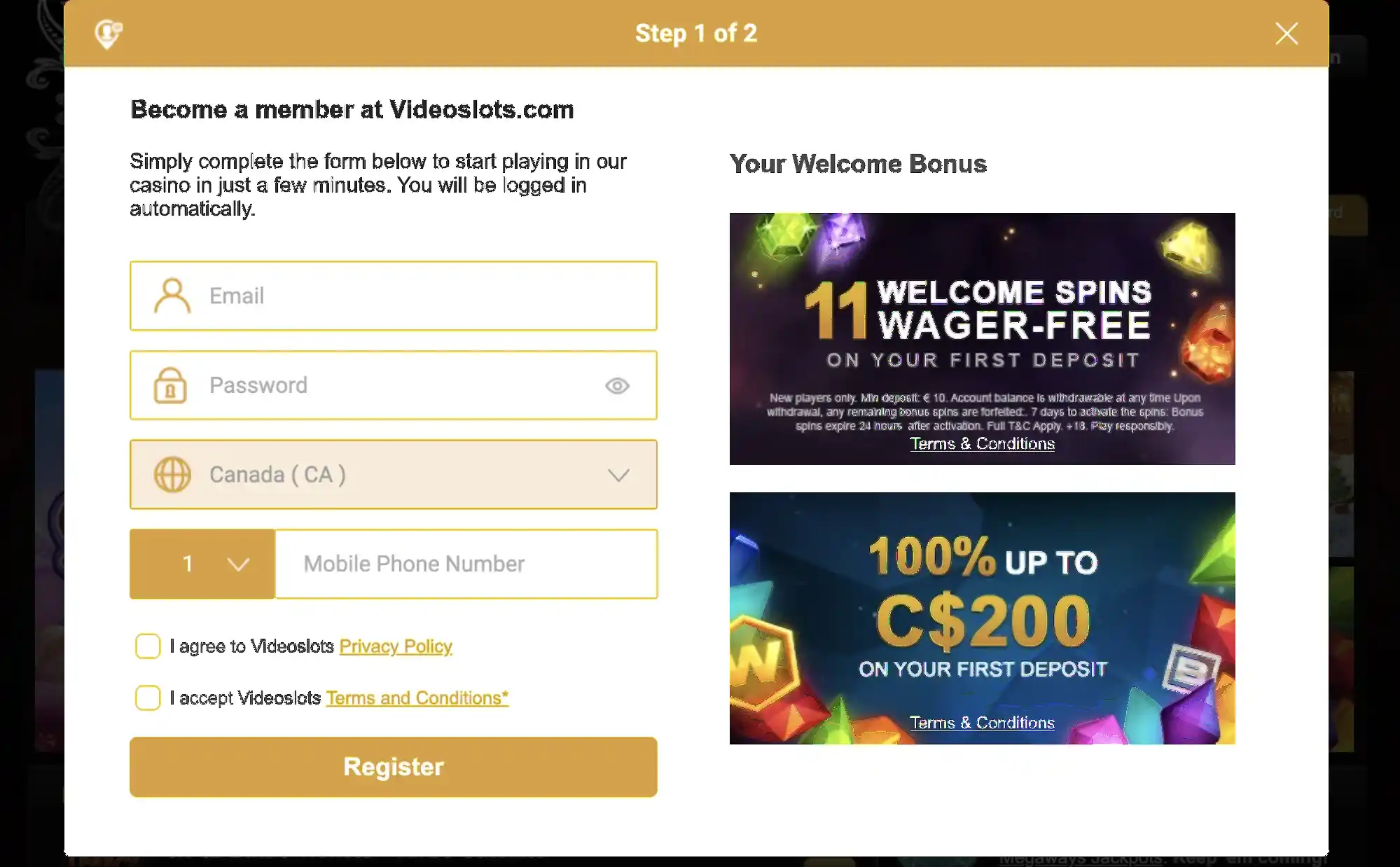 videoslots casino inscription